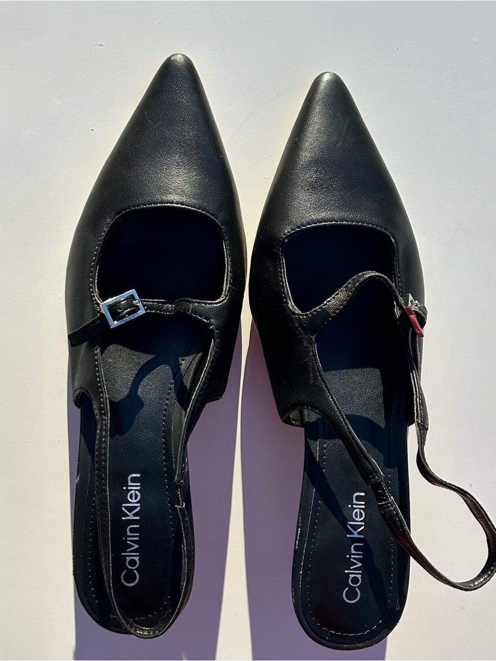 Calvin Klein Black Kallien Leather Pointed Toe Strappy Slingback Kitten Heel 7.5